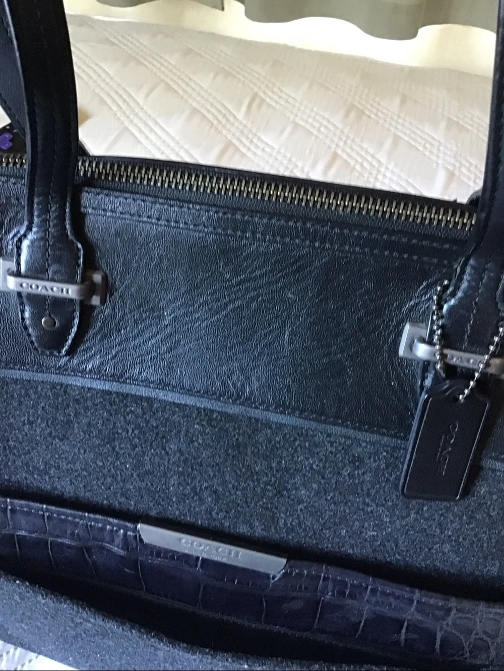 Coach Black Leather and Wool Briefcase with Croc-Trim Pocket